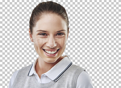 Buy stock photo Portrait, golf and woman with a smile, fitness and professional isolated against a transparent background. Face, female person or player with happiness, png or golfer with training, hobby or activity