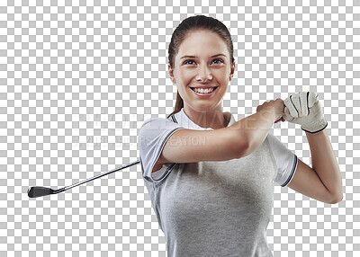 Buy stock photo Competition, woman and playing with golf, swing and smile isolated against a transparent background. Female person, player and golfer with a club, exercise and training with health, wellness and png