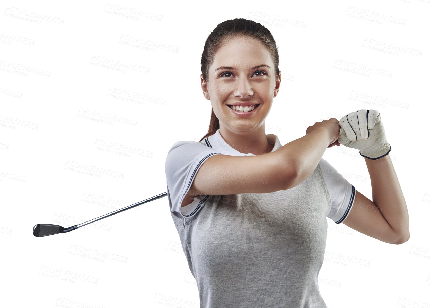 Buy stock photo Competition, woman and playing with golf, swing and smile isolated against a transparent background. Female person, player and golfer with a club, exercise and training with health, wellness and png