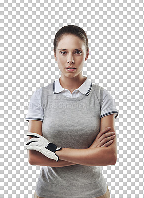 Buy stock photo Golf, arms crossed and portrait of woman on transparent background for fitness, competition and game. Hobby, champion and exercise with face of female person isolated on png for golfer and athlete