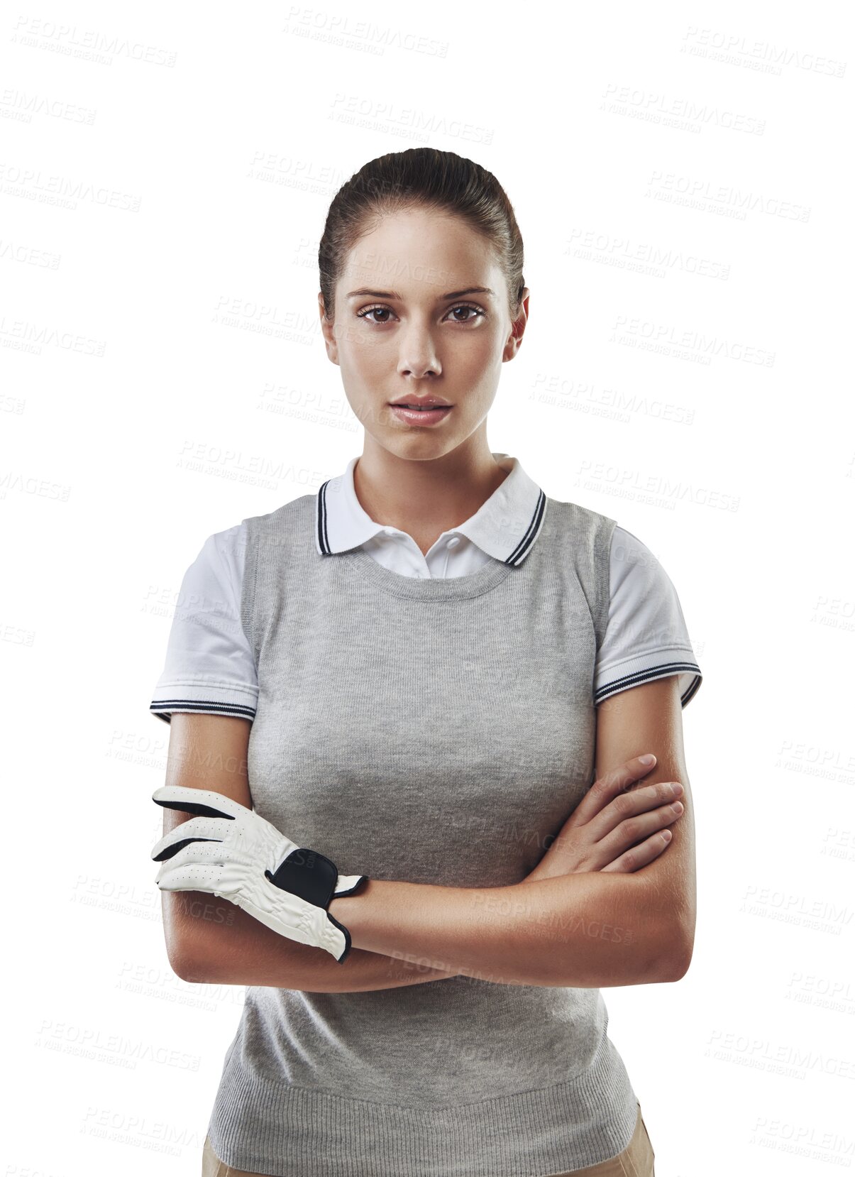 Buy stock photo Golf, arms crossed and portrait of woman on transparent background for fitness, competition and game. Hobby, champion and exercise with face of female person isolated on png for golfer and athlete