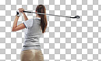 Studio shot of a young golfer practicing her swing isolated on png background