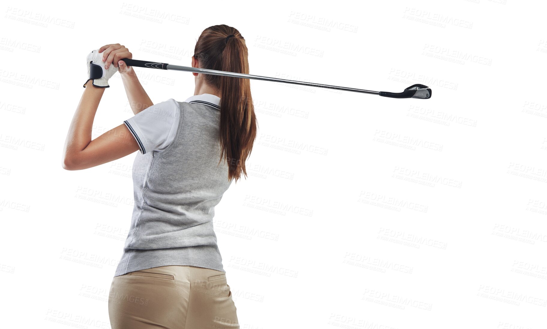 Buy stock photo Back, golf and woman training, swing and model isolated on a transparent background. Female person, player or girl with a club, golfer and png with hobby, activity or wellness with health or exercise