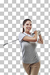 Studio shot of a young golfer practicing her swing isolated on png background