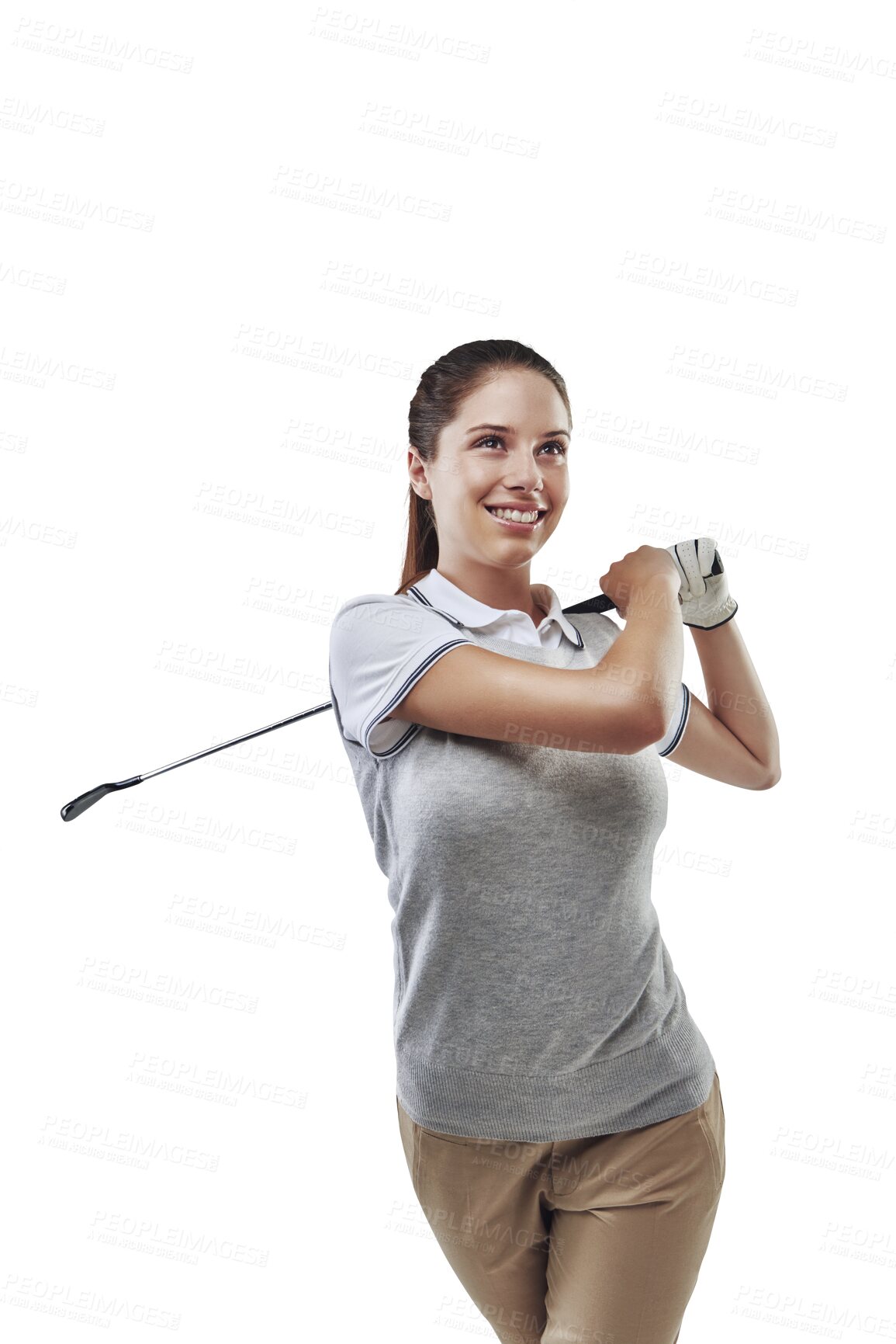 Buy stock photo Golfing, thinking and woman with golf club for sport competition, vision or game. Professional athlete, female golfer and gear for stroke, action and smile on isolated, transparent or png background