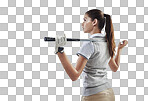 Studio shot of a young golfer holding a golf club behind her back isolated on png background