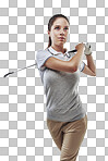 Studio shot of a young golfer practicing her swing isolated on png background