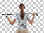 Studio shot of a young golfer holding a golf club behind her back  isolated on png background