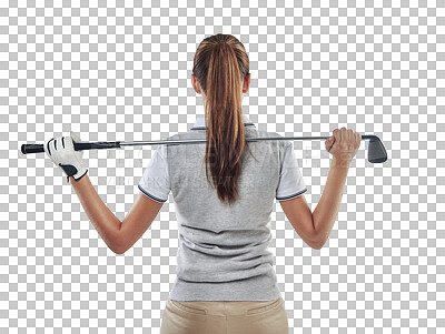 Buy stock photo Back, golf club and woman with fitness, competition and athlete isolated against a transparent background. Female person, golfer and player with a hobby, game and training with png and workout