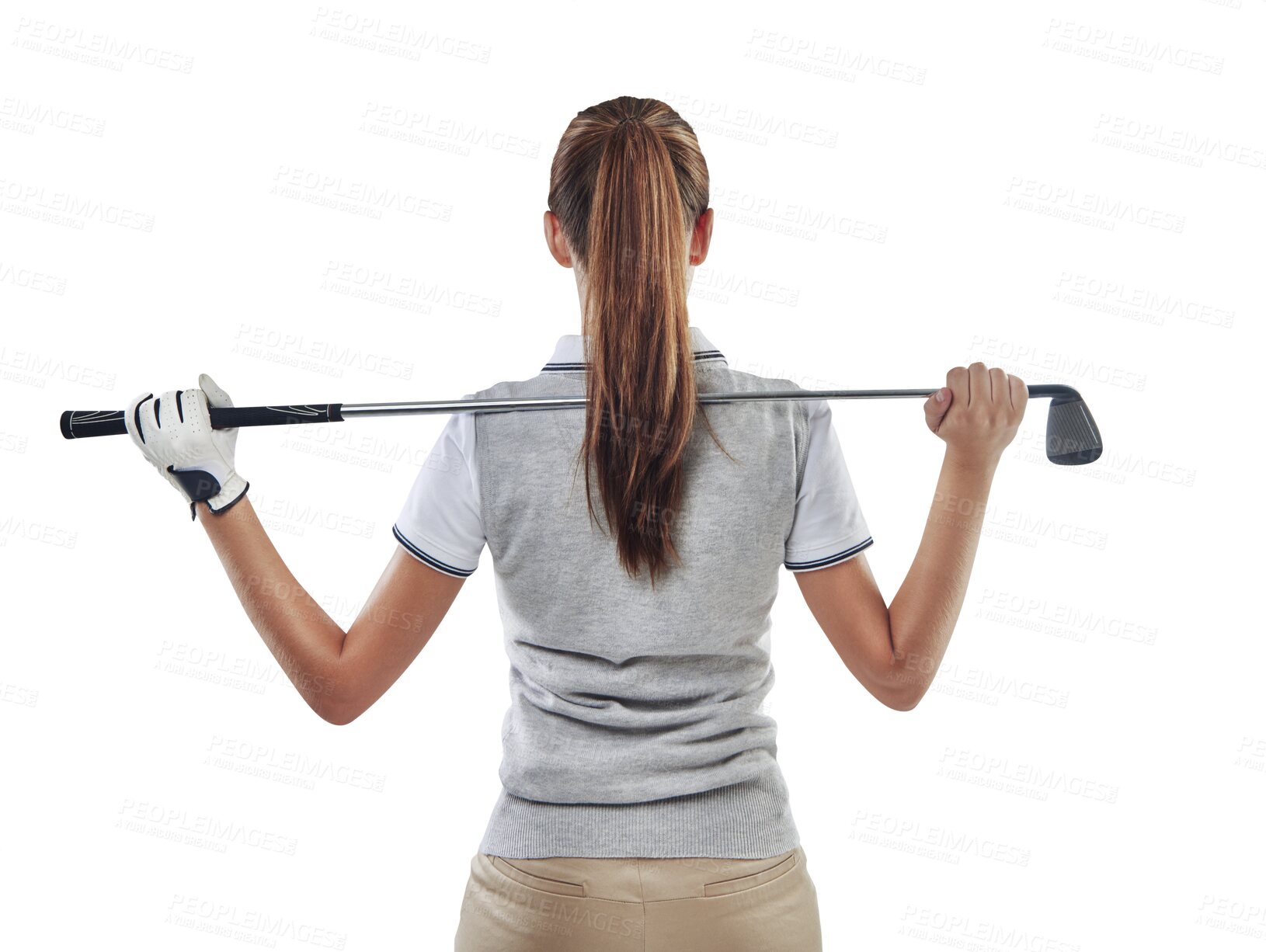 Buy stock photo Back, golf club and woman with fitness, competition and athlete isolated against a transparent background. Female person, golfer and player with a hobby, game and training with png and workout