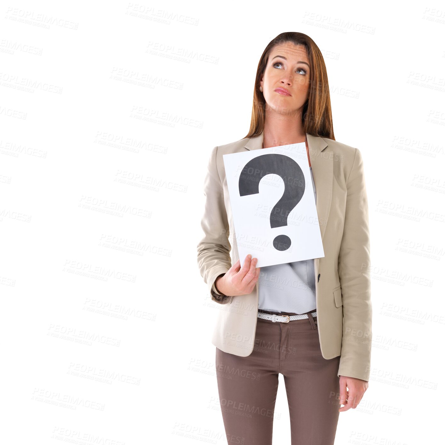 Buy stock photo Question mark, poster and confused business woman with doubt isolated on a transparent, png background. Young female, emoji sign board and curious professional of a worker and employee billboard