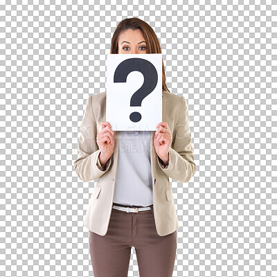 Buy stock photo Question mark, poster and portrait of business woman with doubt isolated on a transparent, png background. Young female, emoji sign board and curious professional of a confused and FAQ solution