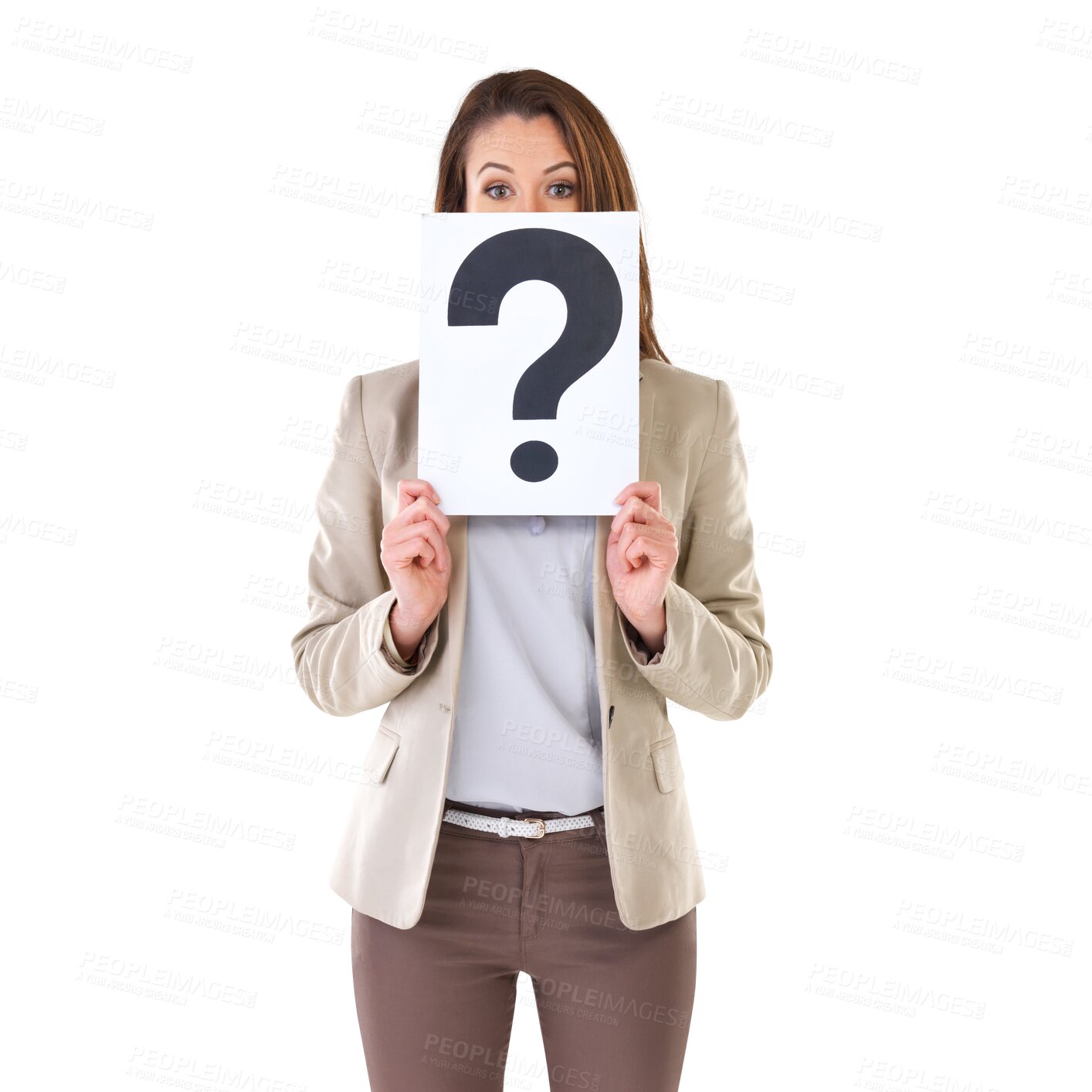 Buy stock photo Question mark, poster and portrait of business woman with doubt isolated on a transparent, png background. Young female, emoji sign board and curious professional of a confused and FAQ solution