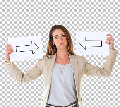 Buy stock photo Arrow, pointing to me and portrait of woman on isolated, PNG and transparent background. Selection, show and funny face of female person with arrows on poster, paper and sign for picking and choice