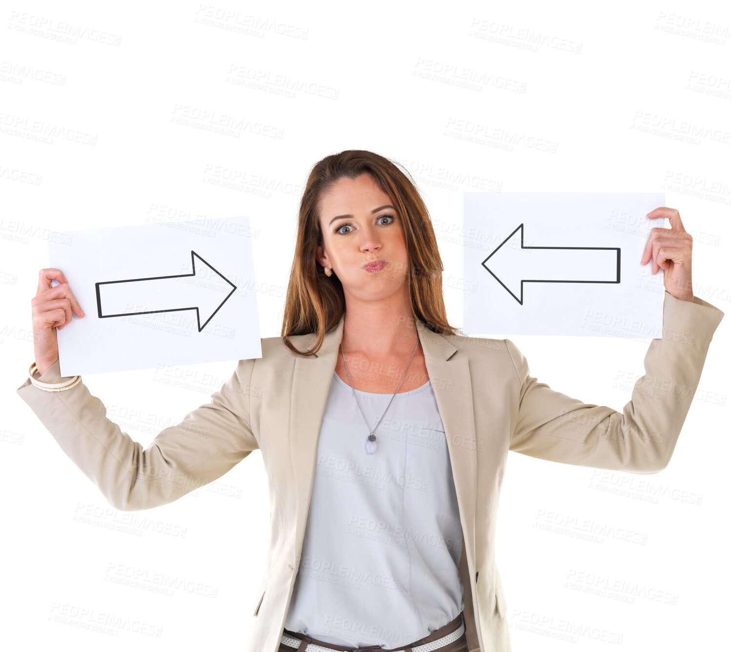 Buy stock photo Arrow, pointing to me and portrait of woman on isolated, PNG and transparent background. Selection, show and funny face of female person with arrows on poster, paper and sign for picking and choice