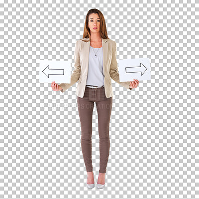 Buy stock photo Arrow, poster and portrait of confused woman on isolated, PNG and transparent background. Selection, thinking and female person with arrows on banner, doubt and sign for decision, choice and option