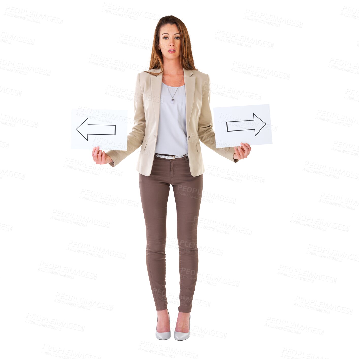 Buy stock photo Arrow, poster and portrait of confused woman on isolated, PNG and transparent background. Selection, thinking and female person with arrows on banner, doubt and sign for decision, choice and option