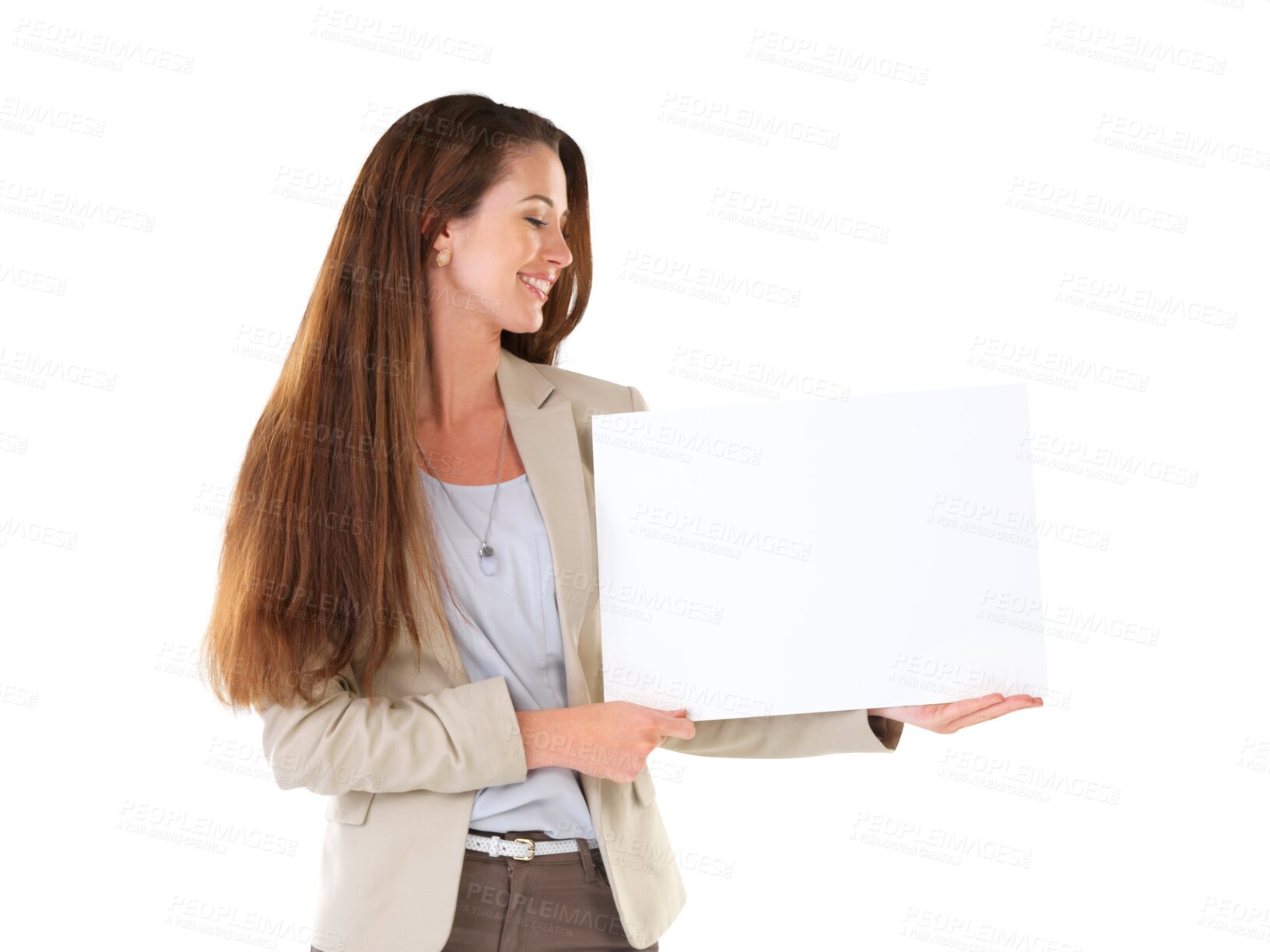 Buy stock photo Banner, advertising and business woman with poster on isolated, PNG and transparent background. Professional, branding logo and female person with billboard for announcement, news and information