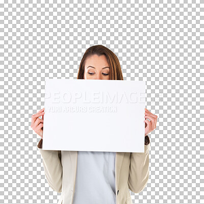 Buy stock photo Poster, advertising and business woman with billboard on isolated, PNG and transparent background. Professional worker, branding and female person with banner for announcement, news and information