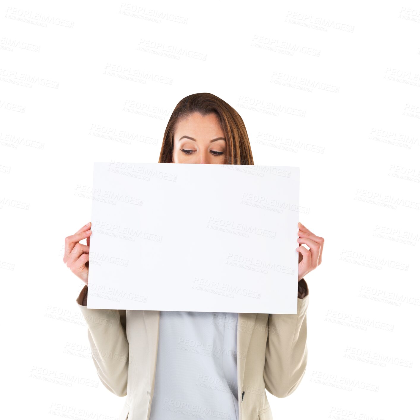 Buy stock photo Poster, advertising and business woman with billboard on isolated, PNG and transparent background. Professional worker, branding and female person with banner for announcement, news and information