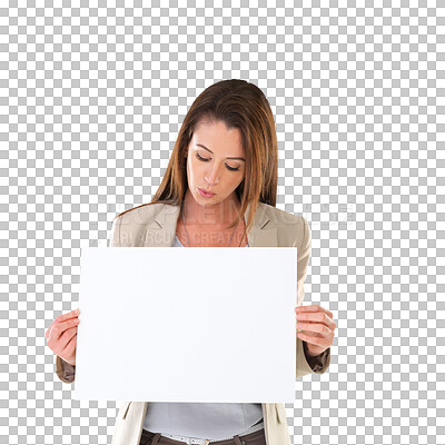 Buy stock photo Poster, advertising and business woman with banner on isolated, PNG and transparent background. Professional, marketing logo and female person with billboard for announcement, news and branding