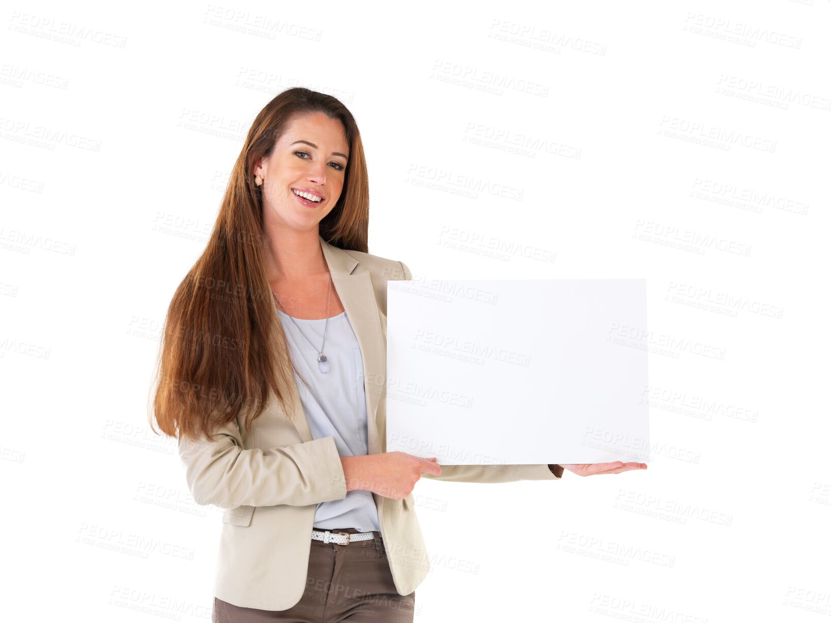 Buy stock photo Poster, banner and portrait of business woman on isolated, PNG and transparent background. Advertising, branding space and happy female person with billboard for announcement, news and information