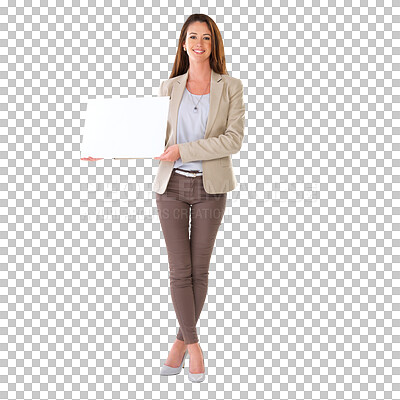 Buy stock photo Poster, mockup and portrait of happy woman with paper on isolated, transparent or png background. Banner, billboard and female person advertising news, announcement or launch, sale or deal with space