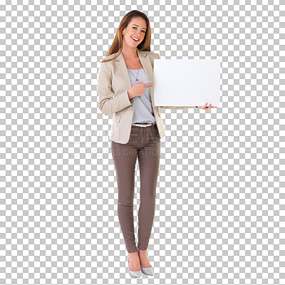 Buy stock photo Poster, advertising and portrait of business woman on isolated, PNG and transparent background. Branding, marketing banner and female person with billboard for announcement, news and information