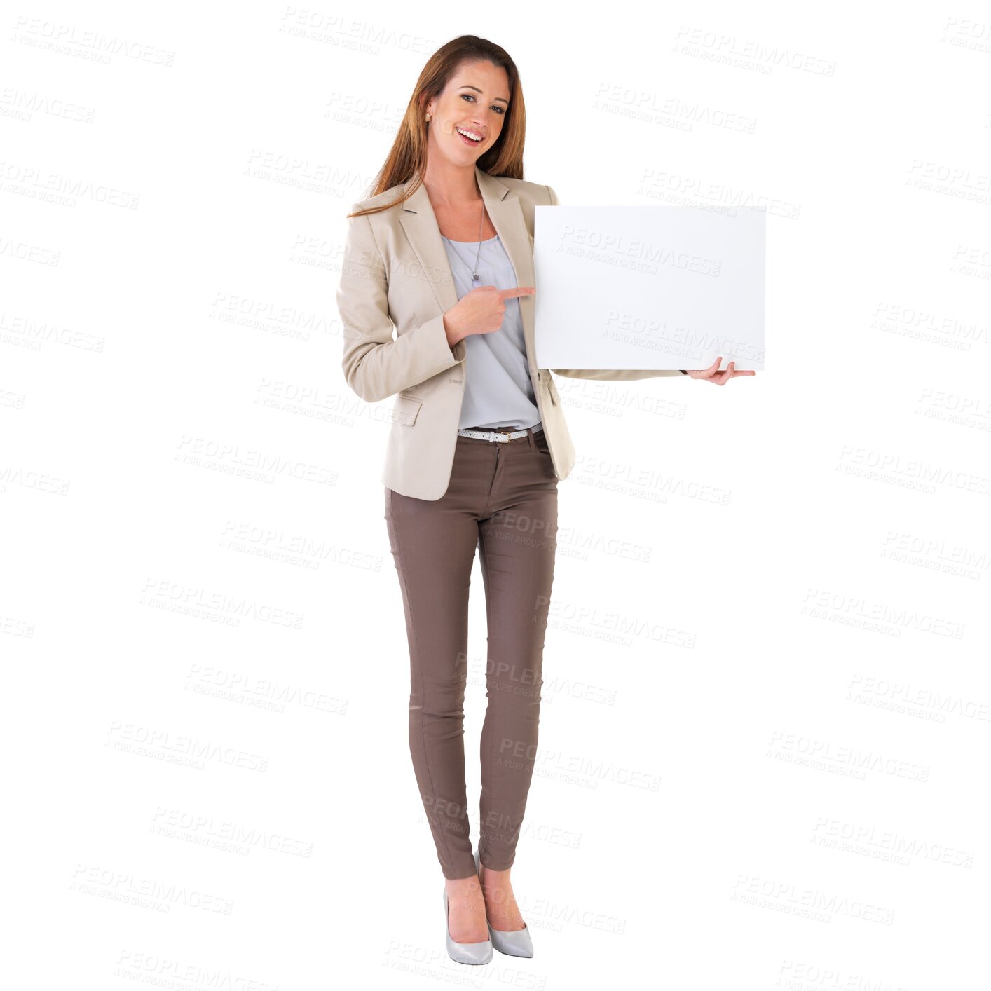 Buy stock photo Poster, advertising and portrait of business woman on isolated, PNG and transparent background. Branding, marketing banner and female person with billboard for announcement, news and information