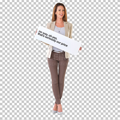 Buy stock photo Discount price, poster and portrait of woman with announcement banner, retail promotion deal or advertising board. Placard sign, sales and happy person isolated on a transparent png background