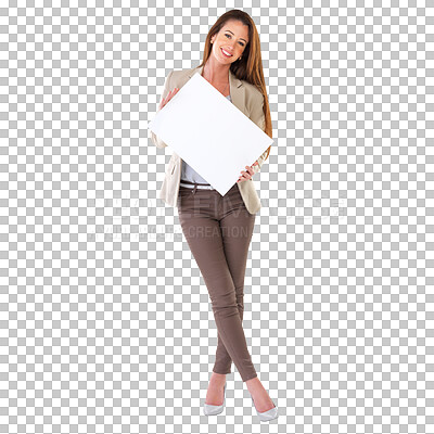 Buy stock photo Banner, advertising and portrait of business woman on isolated, PNG and transparent background. Professional, branding poster and female person with billboard for announcement, news and information