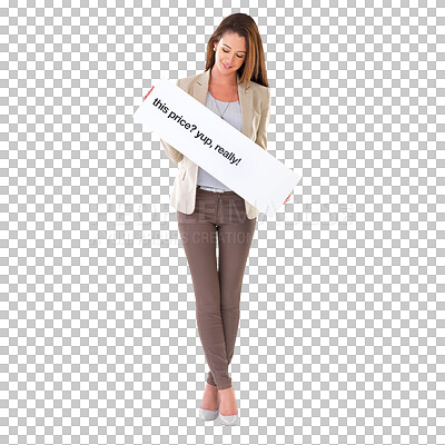 Buy stock photo Advertising poster, price and business woman with announcement banner, retail promotion deal or discount. Billboard sign, sales commercial and female customer isolated on transparent, png background