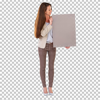 Buy stock photo Poster, presentation or happy business woman for announcement board, promotion deal or brand news on paper. Placard sign, sales discount or professional person isolated on transparent png background