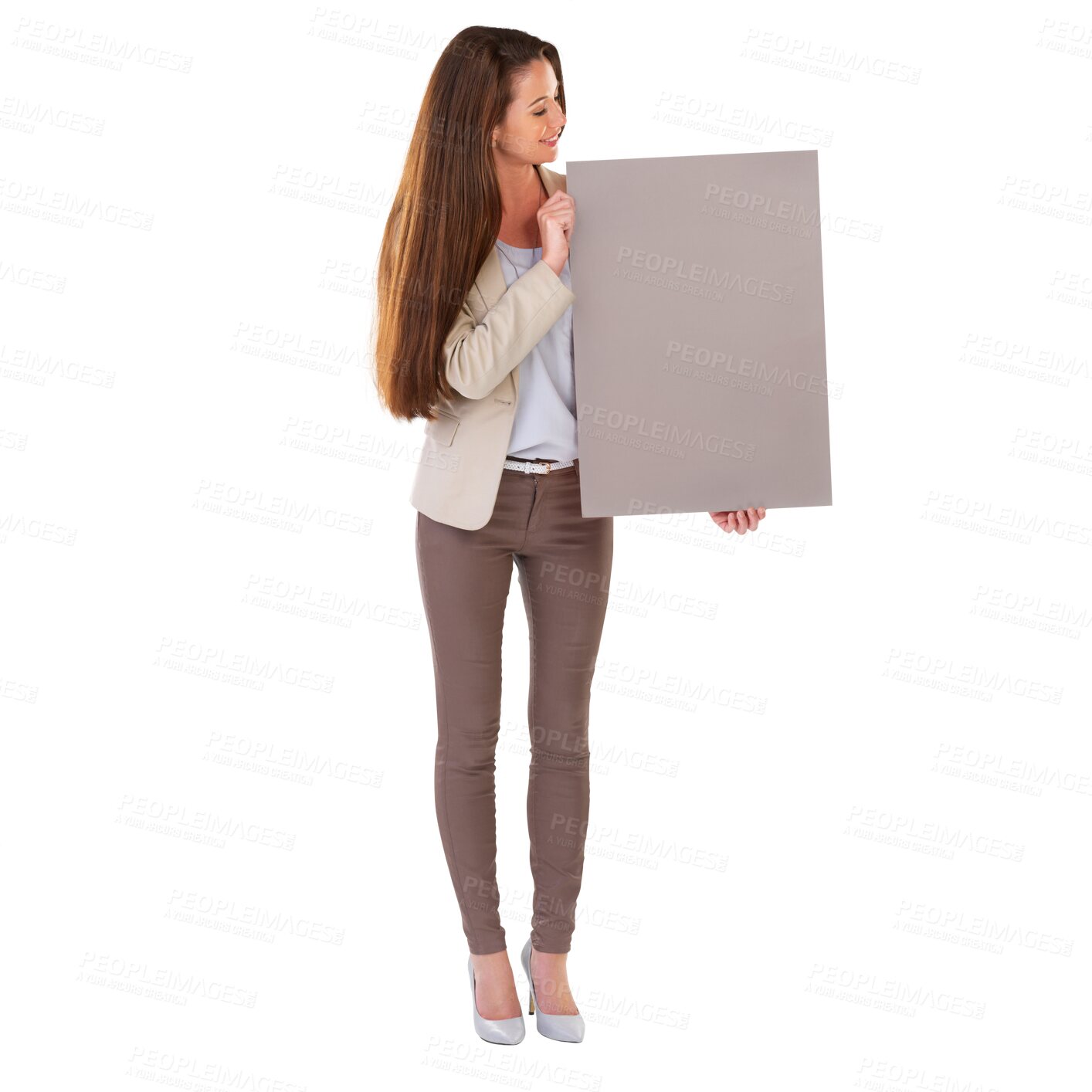 Buy stock photo Poster, presentation or happy business woman for announcement board, promotion deal or brand news on paper. Placard sign, sales discount or professional person isolated on transparent png background