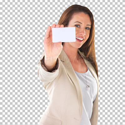 Buy stock photo Business card, portrait or happy professional woman show corporate contact information, promo sign or paper. Networking, advertising info or female person isolated on transparent, png background