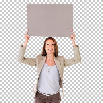 Buy stock photo Billboard, smile or business woman looking at notification poster, corporate news announcement or brand logo design. Placard sign, promo or professional person isolated on transparent, png background