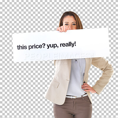 Buy stock photo Price banner, portrait and business woman show announcement poster, retail promotion billboard or sale info. Placard sign, brand discount and confident person isolated on transparent, png background