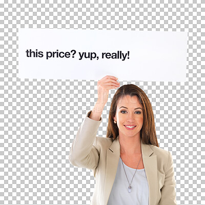 Buy stock photo Price poster, business portrait or happy woman with announcement banner, retail promotion billboard or prom sign. Information placard, sales discount or person isolated on transparent, png background