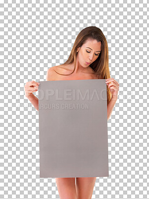 Buy stock photo Poster, promotion sign and woman looking at commercial banner logo, retail promo board or brand sales placard. Billboard sign info, news information and person isolated on transparent, png background