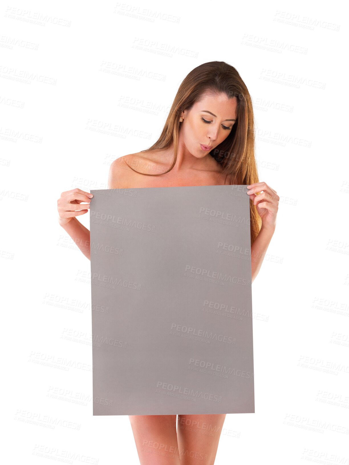 Buy stock photo Poster, promotion sign and woman looking at commercial banner logo, retail promo board or brand sales placard. Billboard sign info, news information and person isolated on transparent, png background