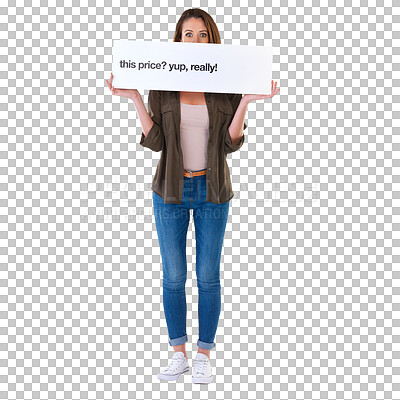 Buy stock photo Discount, deal advertisement poster and woman portrait isolated on transparent, png background. Mockup, sale and price board with female person with advertising and marketing sign with billboard