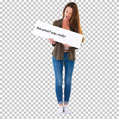 Buy stock photo Excited, deal advertisement poster and woman smile isolated on a transparent, png background. Sale, discount and price board with a happy young female and marketing sign with paper billboard