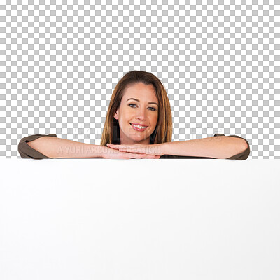 Buy stock photo Billboard, promotion portrait or relax happy woman with commercial news, sales launch or ad placard. Info poster, discount information or branding person smile isolated on transparent, png background