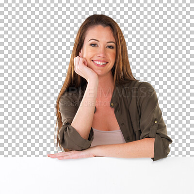 Buy stock photo Billboard poster, banner or portrait of woman smile for services promotion, logo design or blank sign board. Happiness, fashion sales discount or retail person isolated on transparent, png background