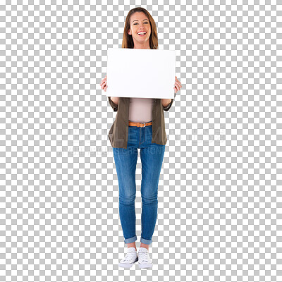 Buy stock photo Mockup, poster and portrait of happy woman with paper on isolated, transparent or png background. Banner, billboard and female person advertising news, announcement or launch, sale or deal with space