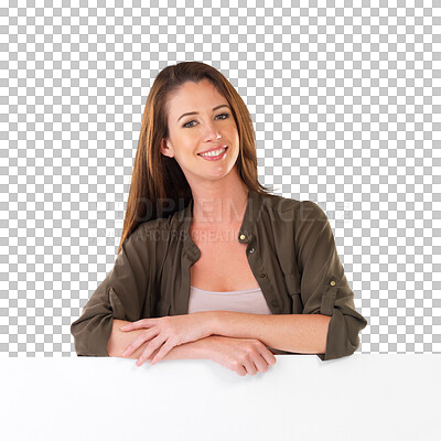 Buy stock photo Billboard sign, banner or portrait of happy woman with commercial, brand logo design or empty board, paper or placard. Sales, fashion discount or retail person isolated on transparent, png background