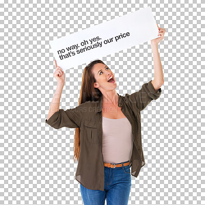 Buy stock photo Price banner, promotion and happy woman excited for commercial, sales launch or fashion ad placard. Billboard sign info, discount information and brand person isolated on transparent, png background