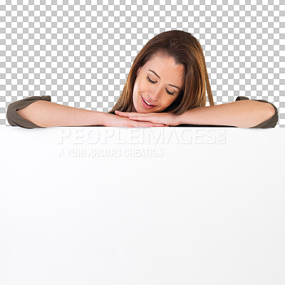 Buy stock photo Banner poster, promotion or woman looking down at commercial news, brand logo or customer placard for deal. News advertising info, discount or branding person isolated on transparent, png background