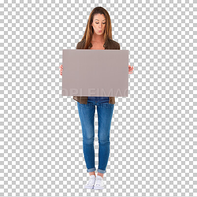 Buy stock photo Billboard sign, advertising poster or woman looking at services promotion, branding design and holding blank placard. Advertisement, wow or female sales person isolated on transparent, png background