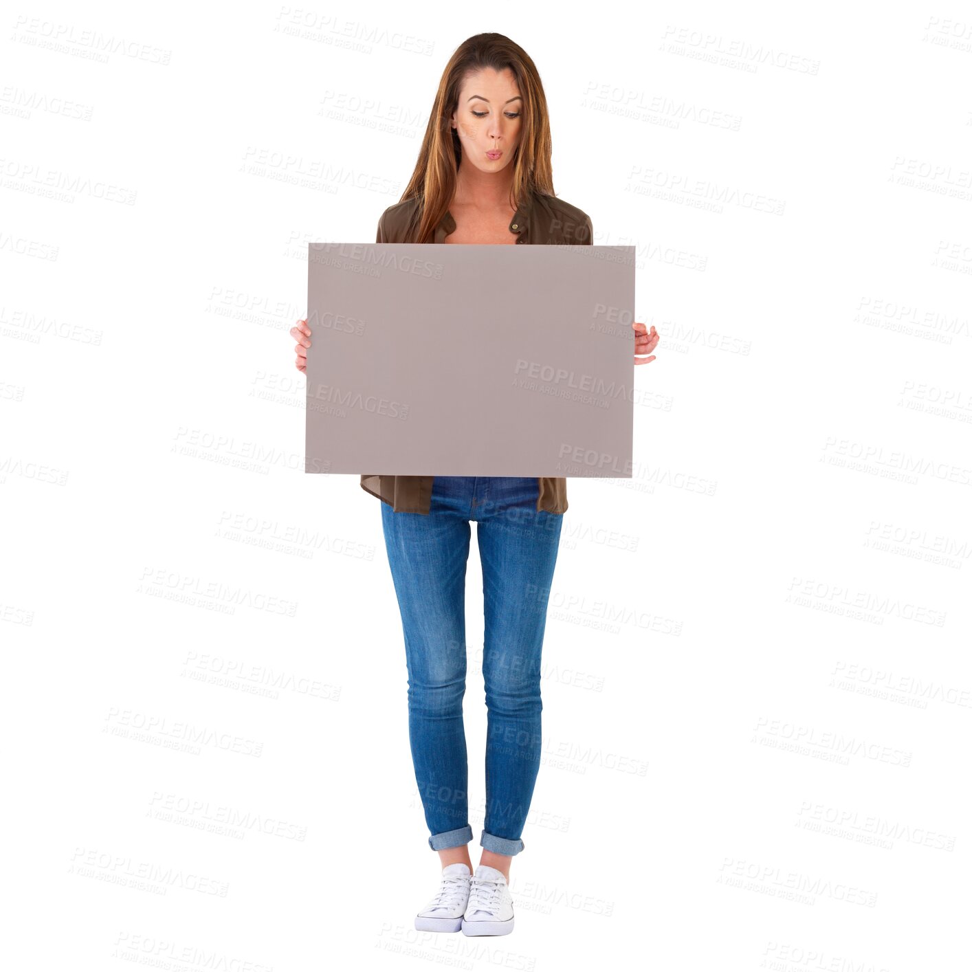 Buy stock photo Billboard sign, advertising poster or woman looking at services promotion, branding design and holding blank placard. Advertisement, wow or female sales person isolated on transparent, png background